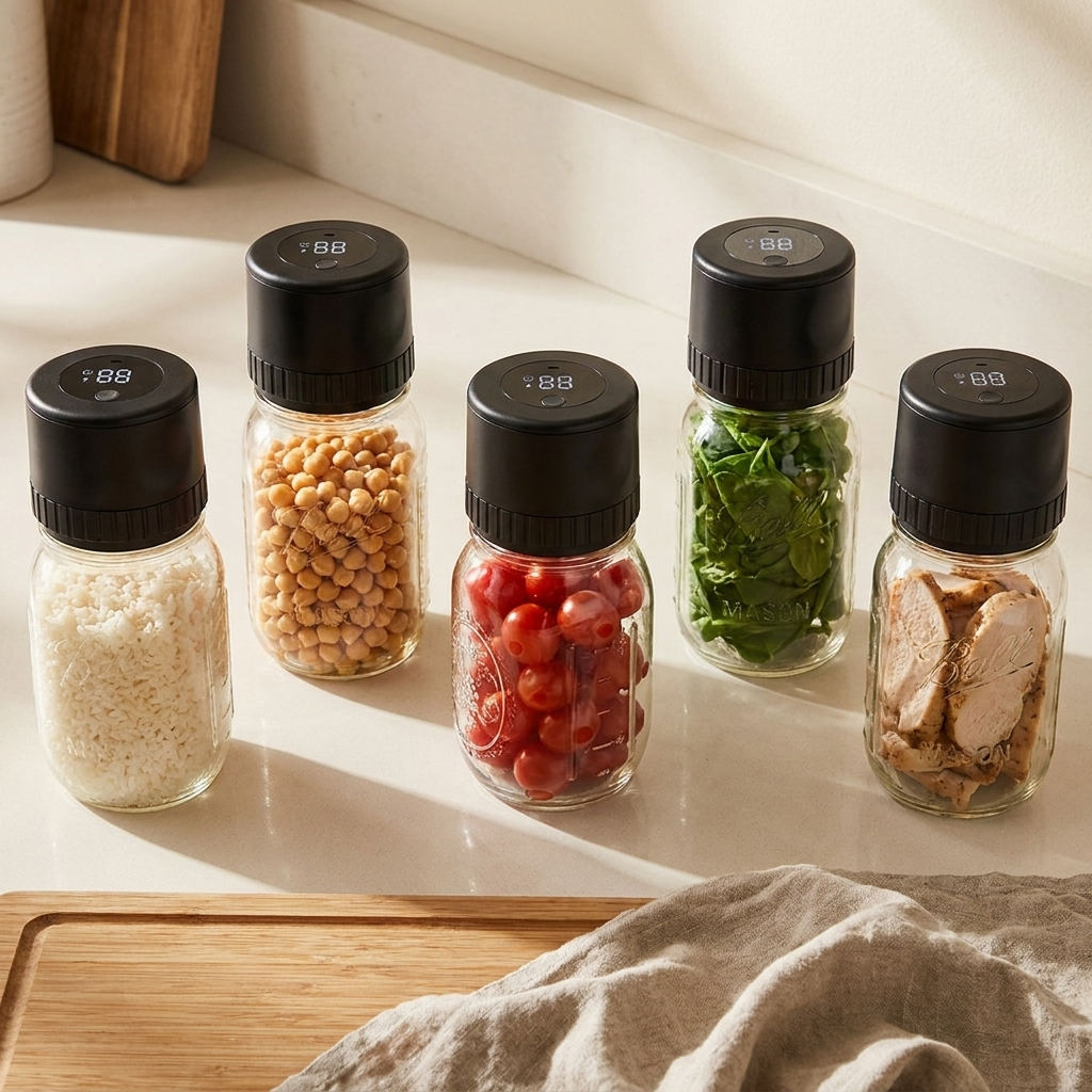 Fuenf vorbereitete Meal-Prep-Glaeser mit Velaroza AirLock