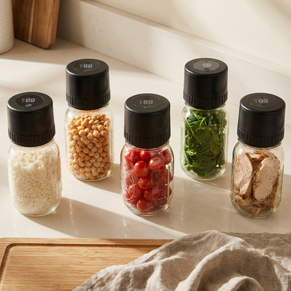 Fuenf vorbereitete Meal-Prep-Glaeser mit Velaroza AirLock