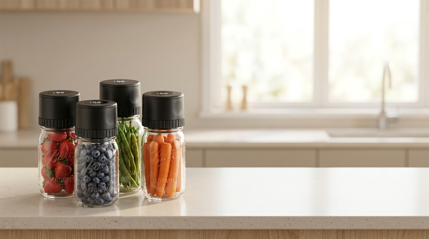 Vier Einmachglaeser mit Erdbeeren, Blaubeeren, Bohnen und Karotten, versiegelt mit Velaroza AirLock