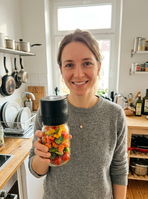 Kundin haelt vakuumiertes Glas mit Gemuese in der Kueche