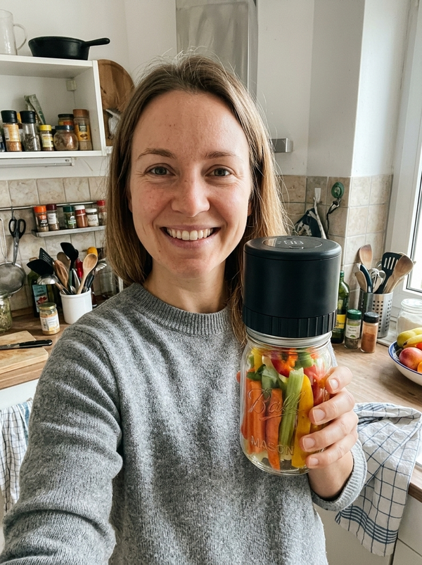 Kundin zeigt vakuumiertes Glas mit Gemuesesticks