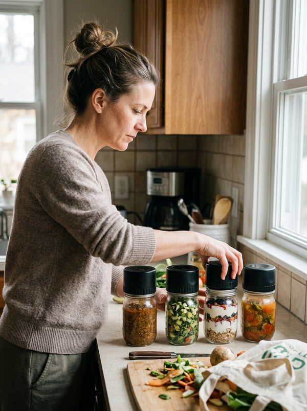 Meal Prep mit vier vakuumierten Glaesern auf der Arbeitsplatte